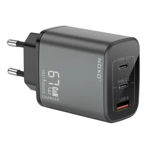 شارژر دیواری ۶۷ وات نوکسو مدل CHN-P-2 با ۳ پورت USB-C و USB-A، پشتیبانی از PD و QC3.0 (EU Pin) و فناوری GaN