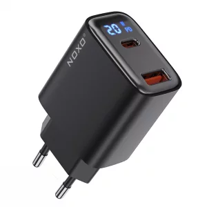 شارژر دیواری ۲۰ وات نوکسو مدل CHN-6 با ۲ پورت USB-A + USB-C، پشتیبانی PD و QC3.0 و نمایشگر دیجیتال (EU Pin)