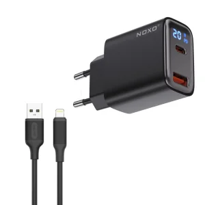شارژر دیواری 20 وات دو پورت نوکسو مدل CHN-6 به همراه کابل تبدیل USB-A به Lightning نوکسو مدل CN-1 طول 1متر شارژ سریع 2.4 آمپر