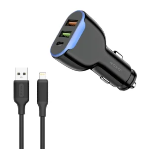 شارژر فندکی 30 وات سه پورت نوکسو مدل CCN-2 به همراه کابل تبدیل USB-A به Lightning نوکسو مدل CN-1 طول 1متر شارژ سریع 2.4 آمپر