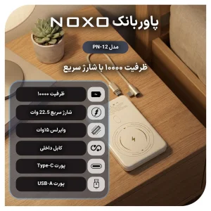 پاوربانک مگنتی وایرلس 22.5 وات نوکسو مدل PN-12 ظرفیت 10000 میلی‌ آمپرساعت