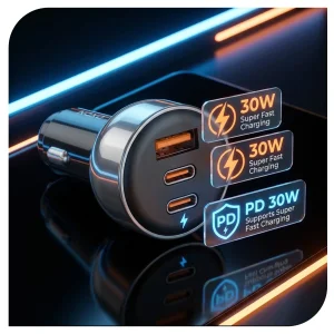 شارژر فندکی نوکسو مدل CCN‑8 | توان 60 وات | 2×USB‑C + 1×USB‑A | شارژ فوق سریع خودرو