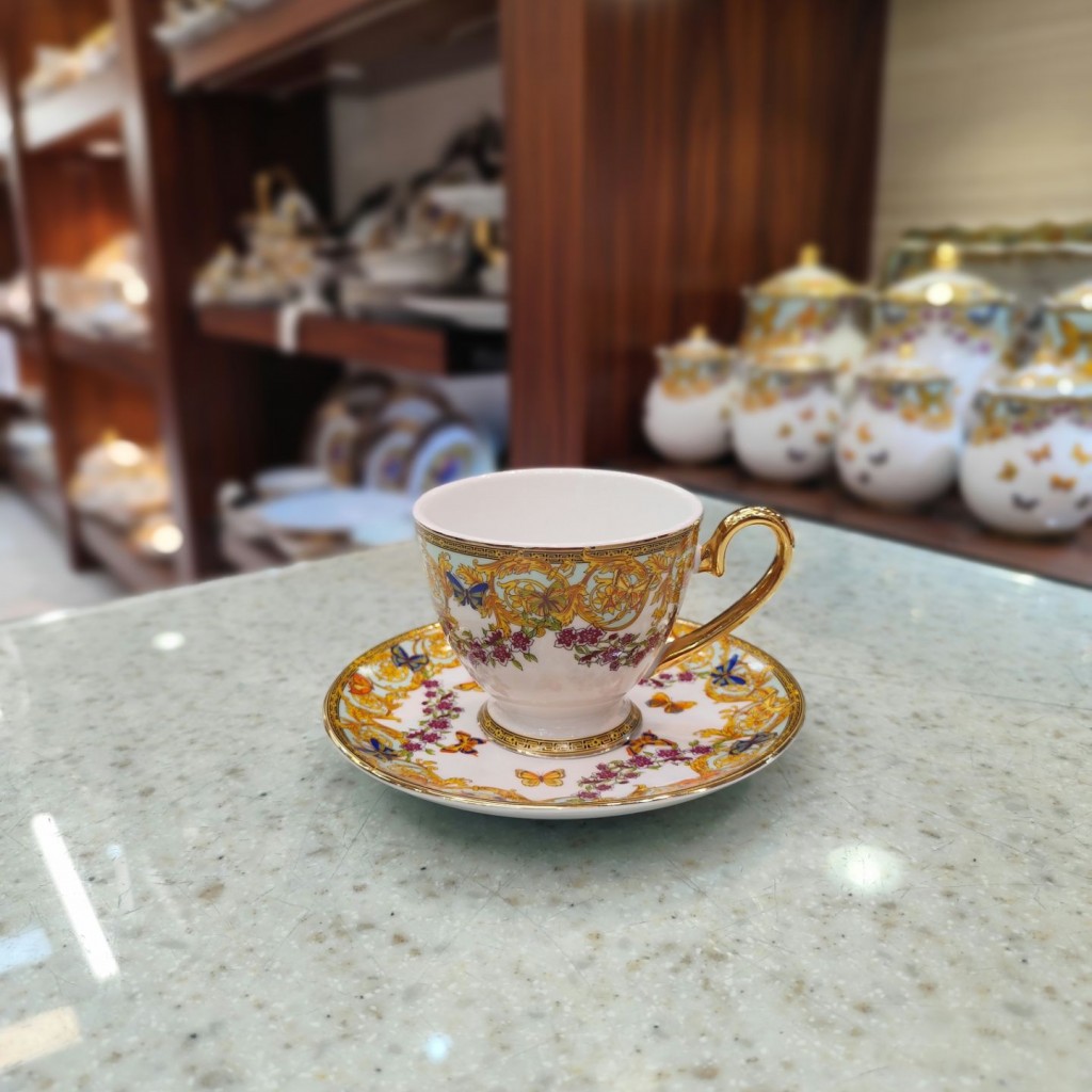 فنجان نعلبکی چای خوری طرح پروانه فیروزه ای55525