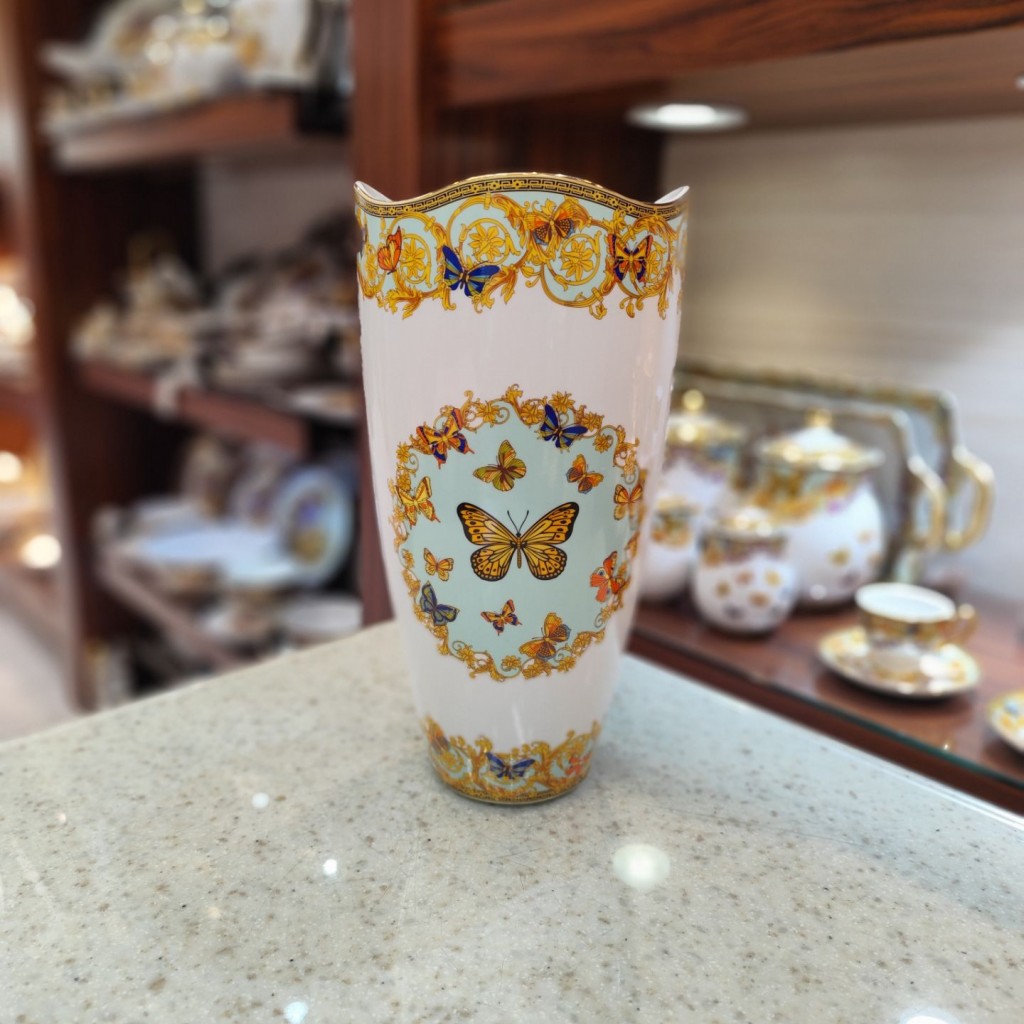 گلدان استوانه بزرگ طرح پروانه فیروزه ای55519