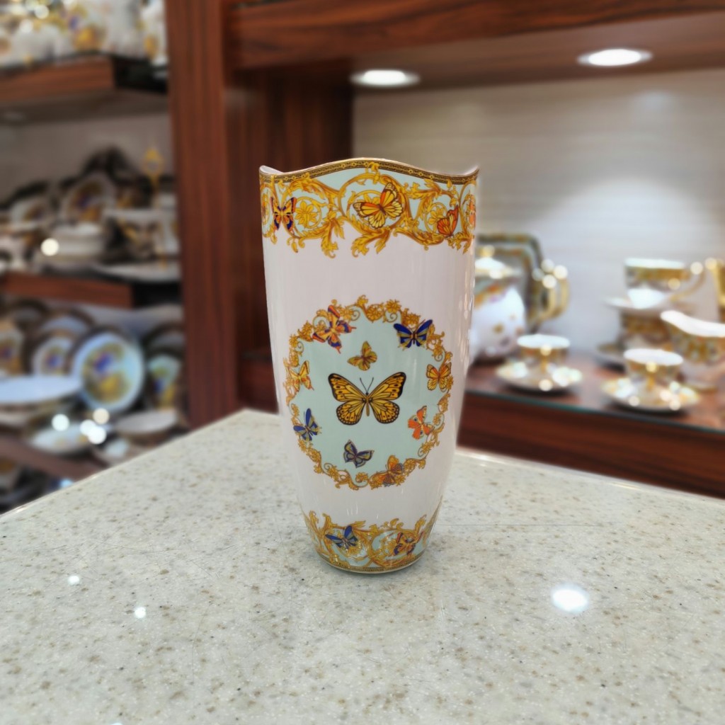 گلدان استوانه کوچک طرح پروانه فیروزه ای55540