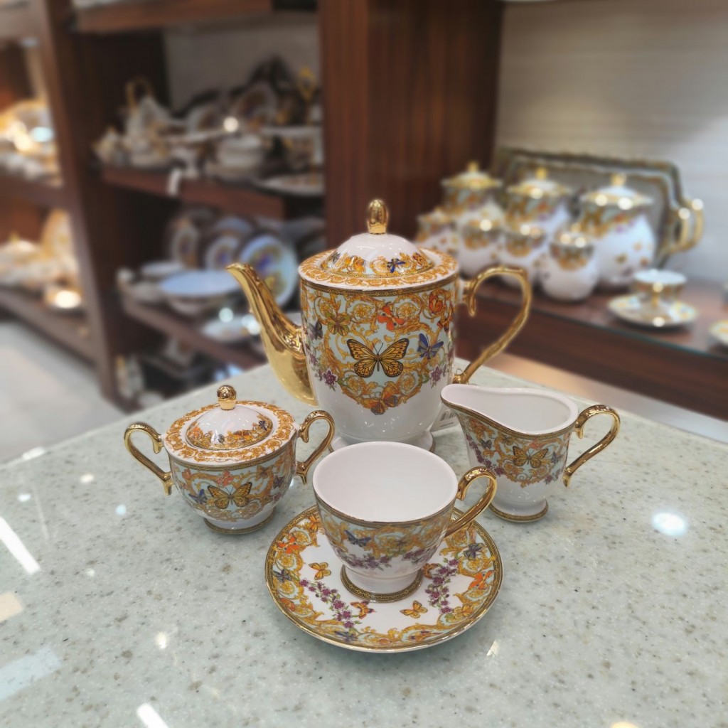 سرویس چای خوری 17پارچه طرح پروانه فیروزه ای55527