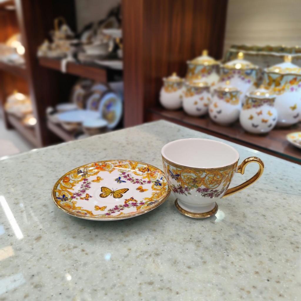 فنجان نعلبکی چای خوری طرح پروانه فیروزه ای55525