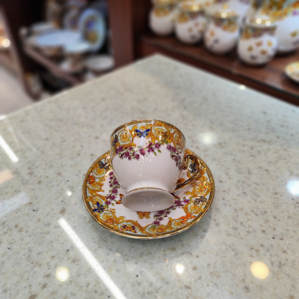 فنجان نعلبکی چای خوری طرح پروانه فیروزه ای55525