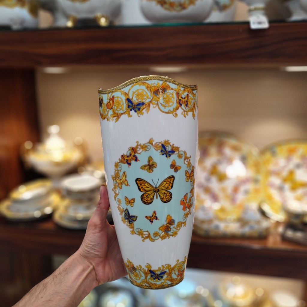 گلدان استوانه بزرگ طرح پروانه فیروزه ای55519
