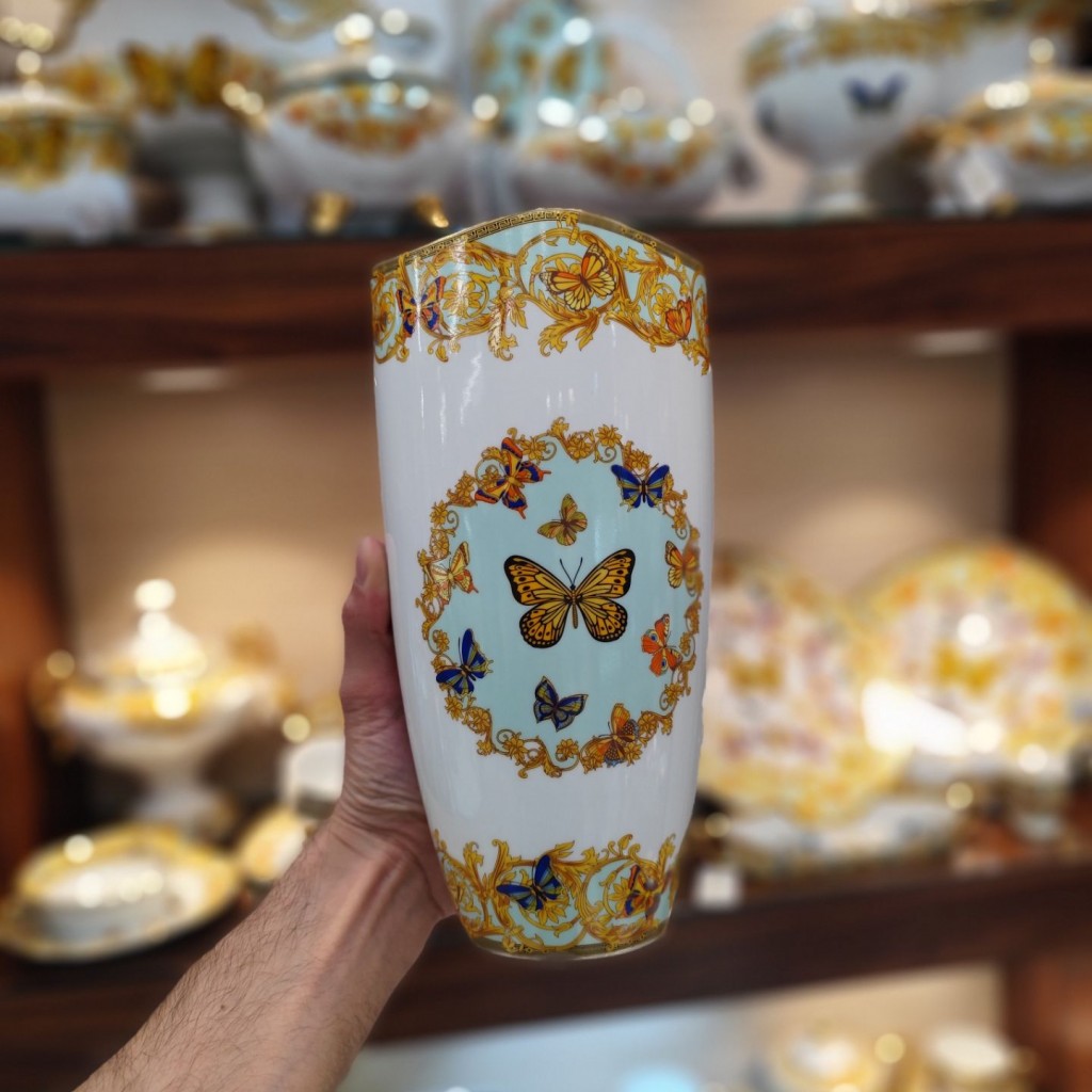 گلدان استوانه کوچک طرح پروانه فیروزه ای55540