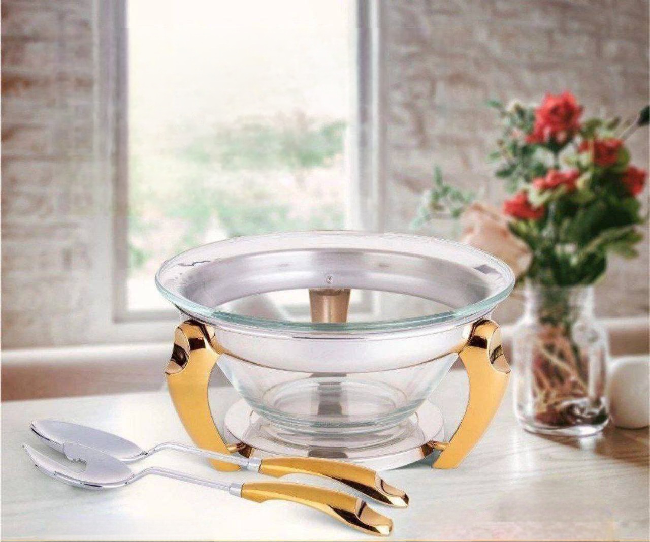 کاسه سالاد به همراه ست سرو استیل طلایی  NTC001