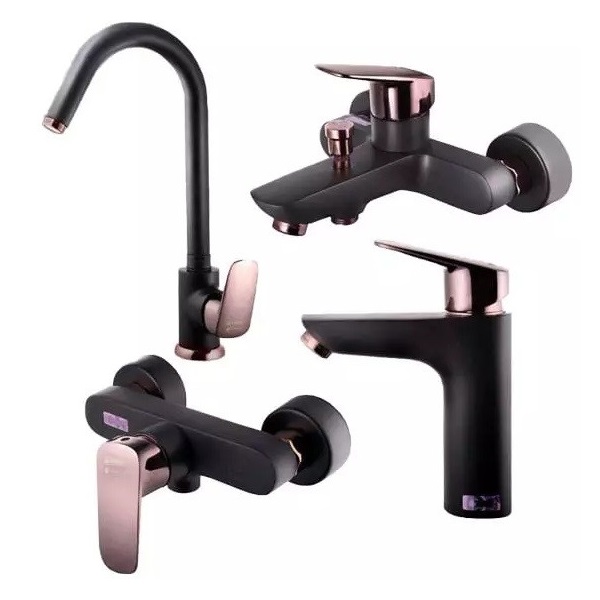 ست 4تکه شیرآلات درخشان مدل هانس مشکی رز گلد