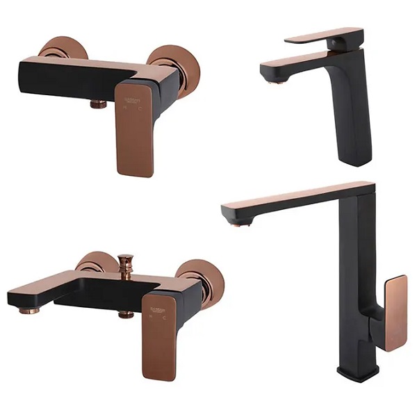 ست 4 تکه شیرآلات راسان مدل گارنت مشکی رزگلد