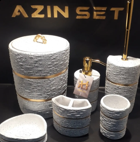 ست اکسسوری 5 پارچه سرویس بهداشتی ساچی سفید با لاین طلایی  آذین