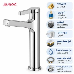 بنر مشخصات فنی شیر روشویی پایه بلند KWC مدل آوا