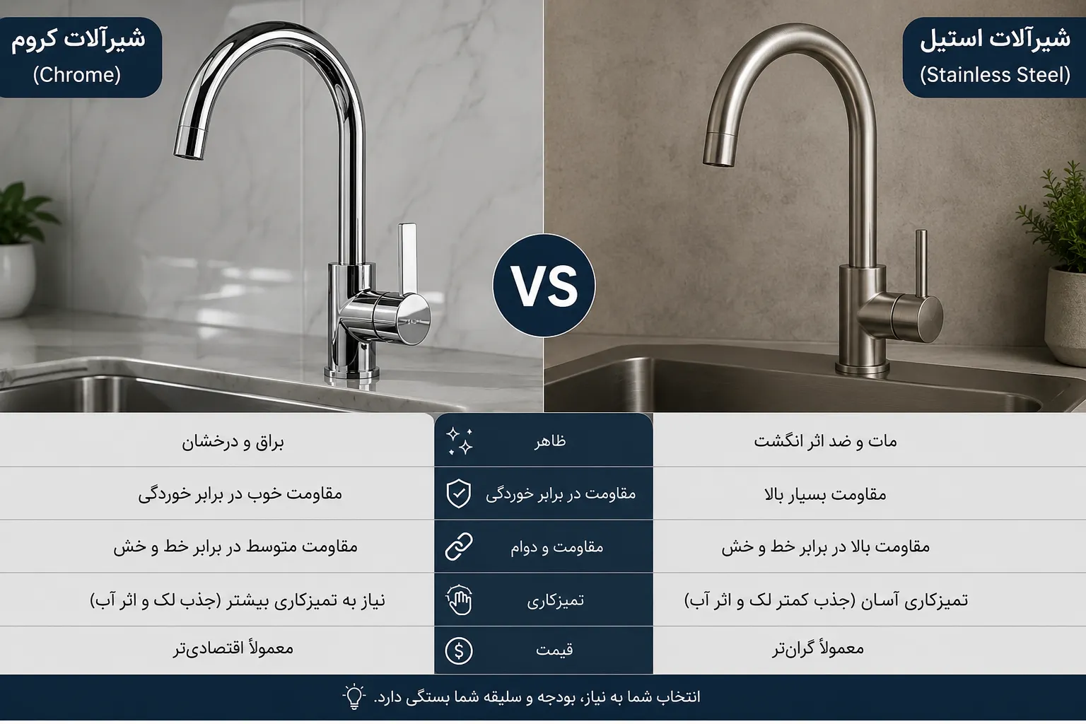 شیرآلات کروم بهتره یا استیل