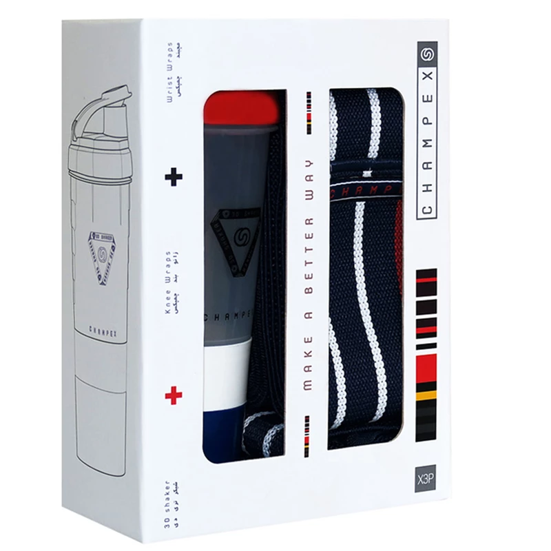 مجموعه (ست) شیکر و زانوبند و مچبند بدنسازی Champex (چمپکس) X3P (سرمه ای)