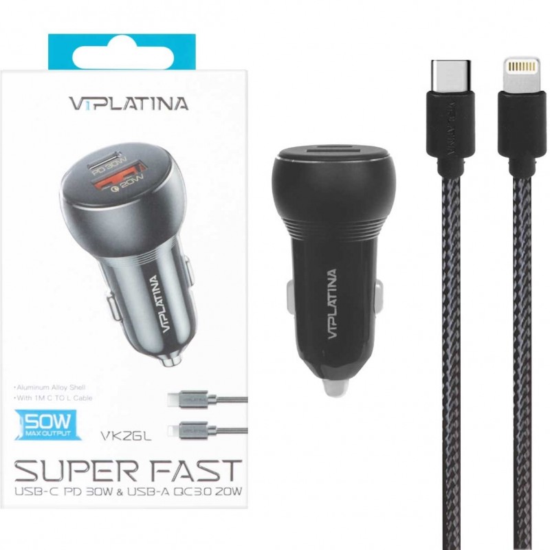 شارژر فندکی 50 وات وی آی پلاتینا مدل VK26L + کابل  Type-C To Lightning
