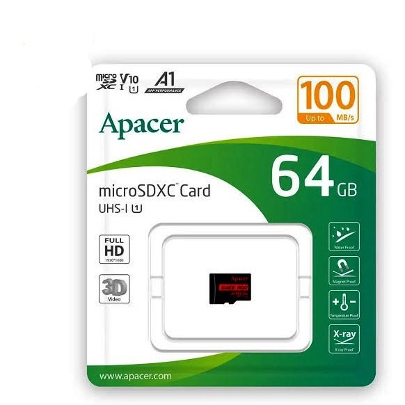 کارت حافظه اپیسر  مدل Apacer  MicroSD XC CL10 U1 UHS l V10 A1 W/1 R100  ظرفیت 64 گیگابایت