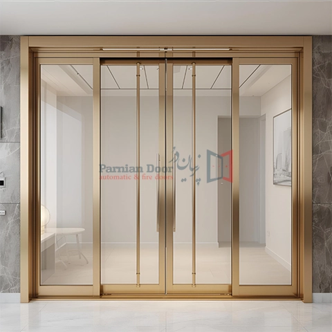 فروش و نصب درب اتومات استیل خشدار و آینه ای با فریم طلایی و نقره‌ای