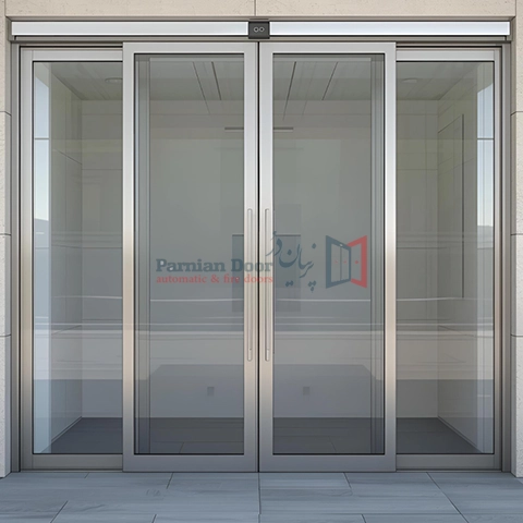 فروش و نصب درب اتوماتیک شیشه‌ای با فریم آنودایز (نقره‌ای، شامپاینی، طلایی، مشکی)