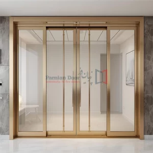 فروش و نصب درب اتومات استیل خشدار و آینه ای با فریم طلایی و نقرهای