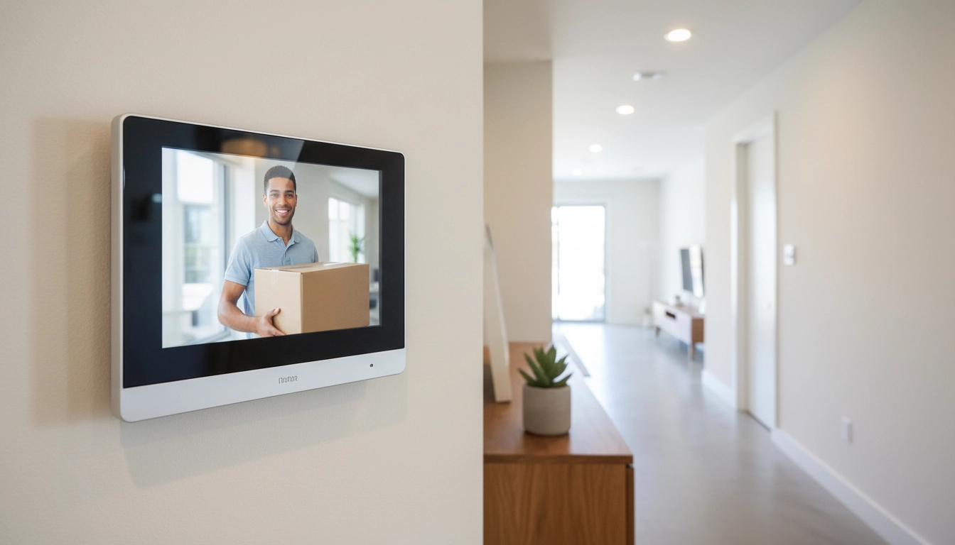 مانیتور آیفون تصویری مدرن در حال نمایش مراجعه کننده برای افزایش امنیت منزل