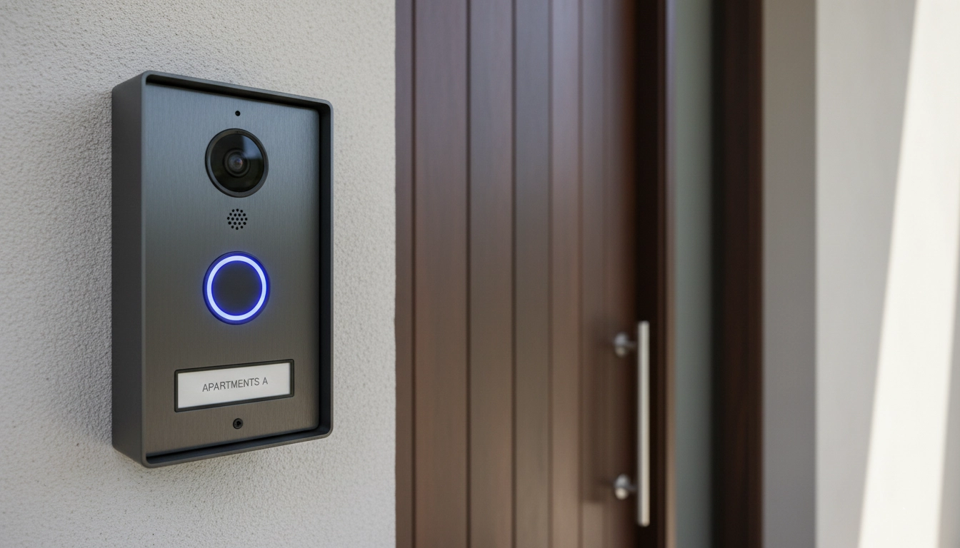 پنل بیرونی آیفون تصویری مدرن با دوربین و دکمه زنگ در ورودی ساختمان برای امنیت