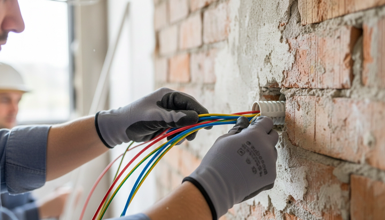 برق‌کار در حال سیم‌کشی سیم افشان رنگی داخل لوله خرطومی در دیوار ساختمان