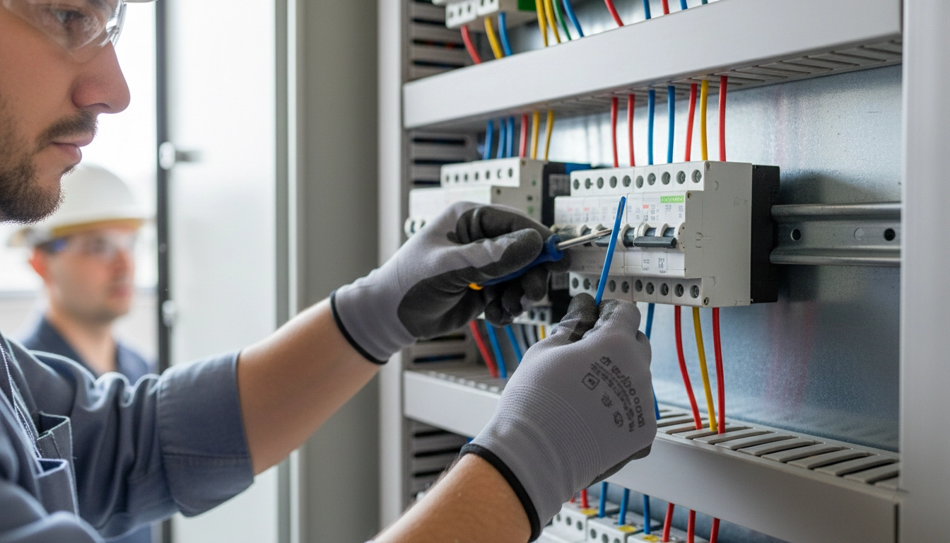 برق‌کار در حال اتصال سیم مفتولی به ترمینال فیوز در تابلو برق با دقت