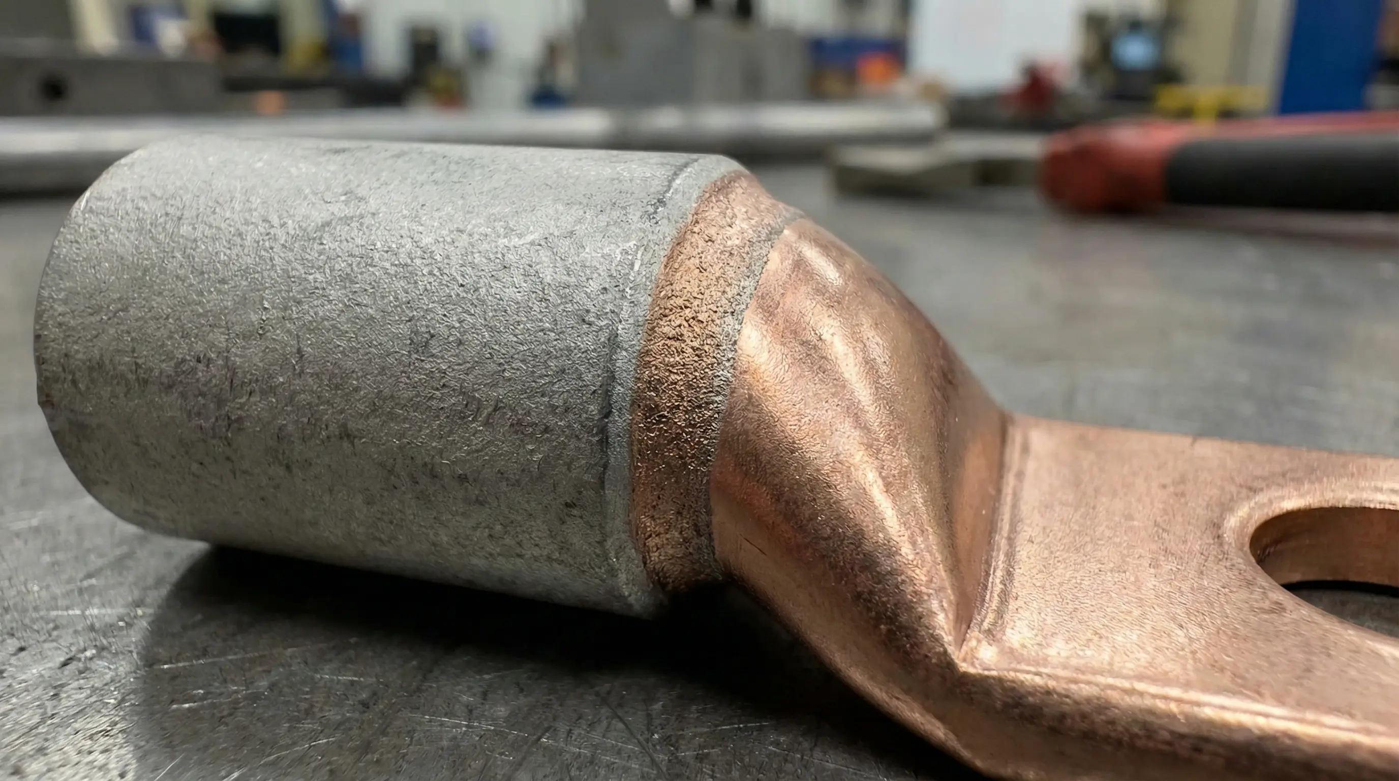 نمای نزدیک از کابلشو بی متال (Bimetal) نشاندهنده محل جوش اصطکاکی بین آلومینیوم و مس