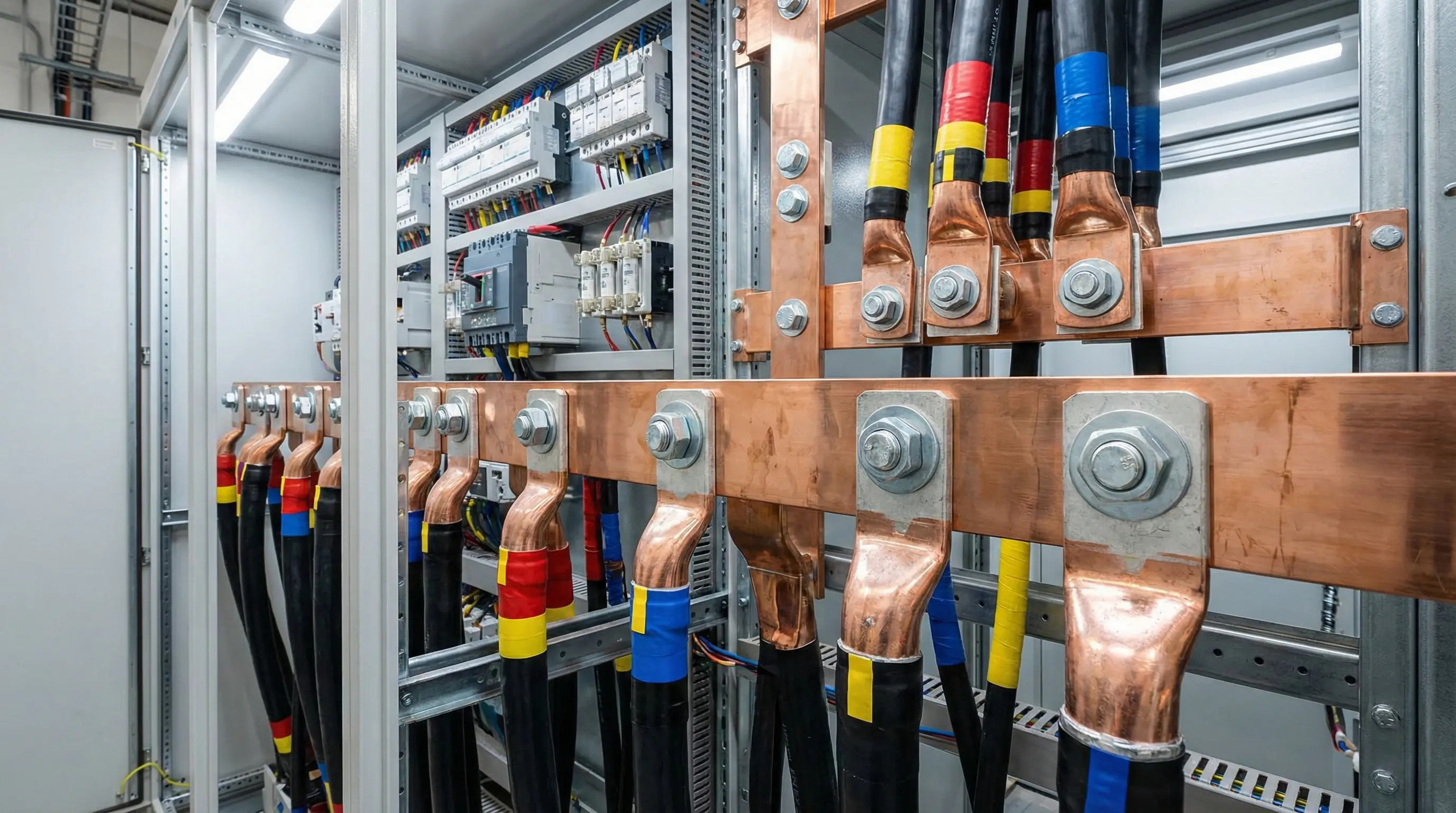 کابلهای قدرت مجهز به کابلشوهای مسی و بیمتال متصل شده به شینه مسی در تابلو برق صنعتی