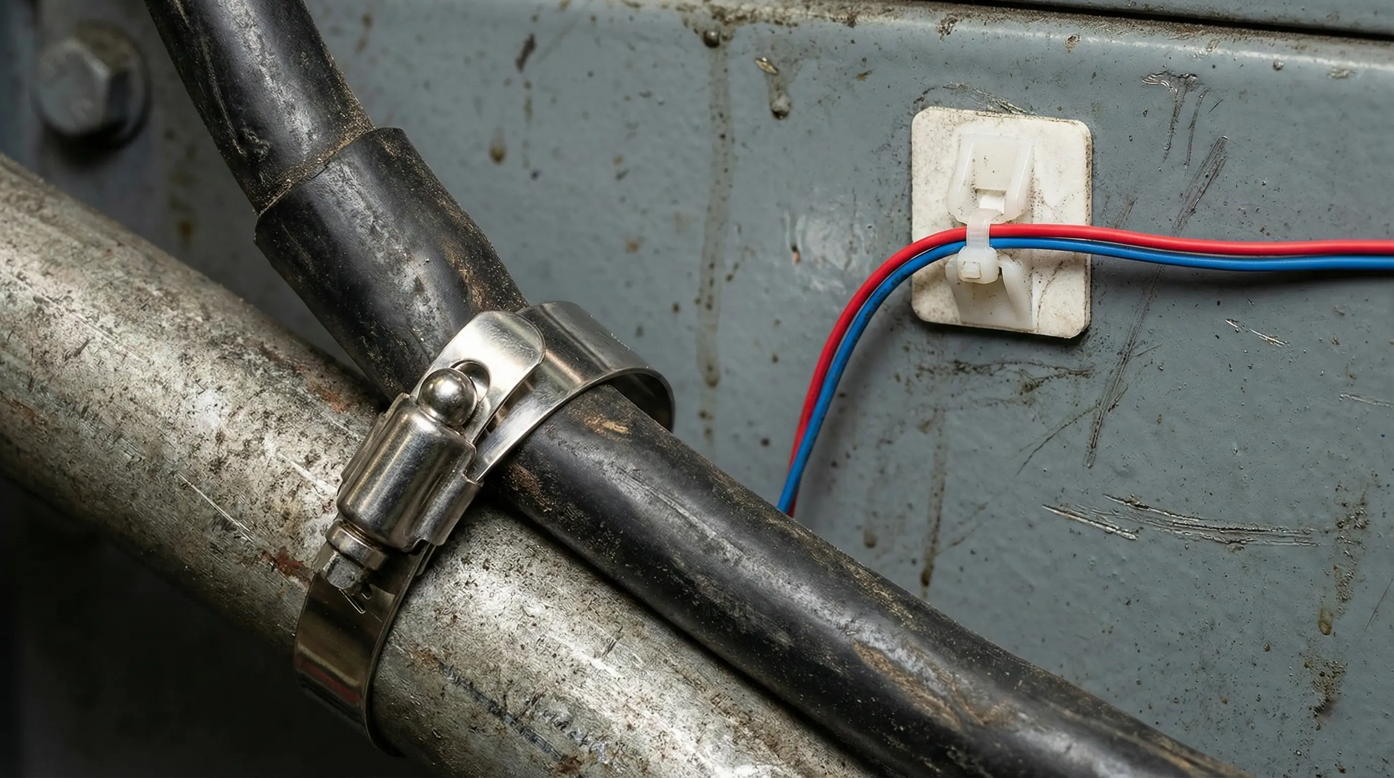 کاربرد بست کمربندی استیل برای بارهای سنگین و پایه چسبی برای نصب روی سطح در محیط صنعتی