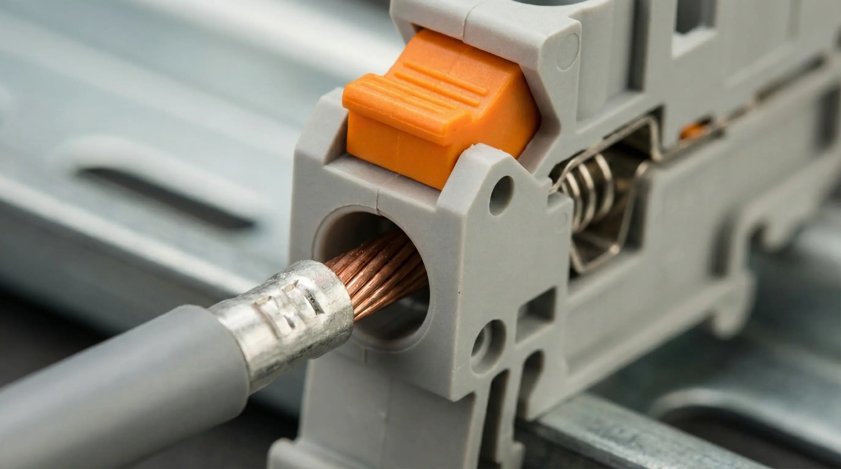 نمای نزدیک از اتصال سیم وایرشو زده به ترمینال ریلی فشاری (Push-in) بدون نیاز به ابزار