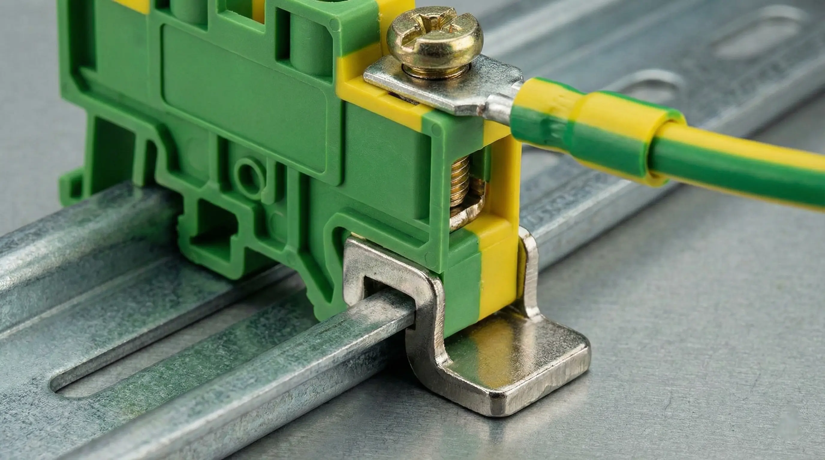 ترمینال ارت ریلی سبز و زرد با اتصال مستقیم پایه فلزی به ریل DIN برای زمین کردن تابلو