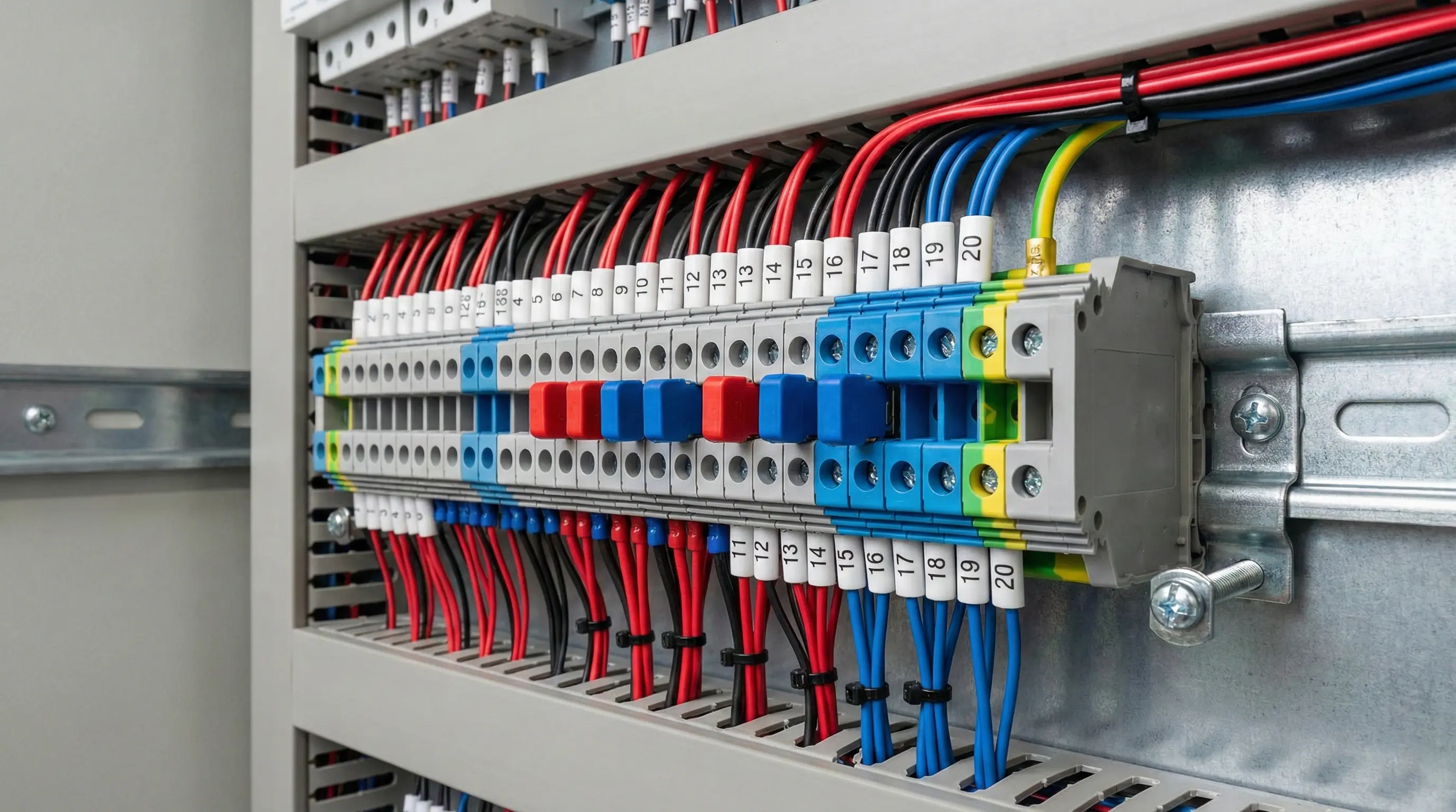 ردیف کامل ترمینال ریلی سیم&zwnj;کشی شده در تابلو برق صنعتی همراه با درپوش، بست انتهایی، جمپر و شماره&zwnj;گذار