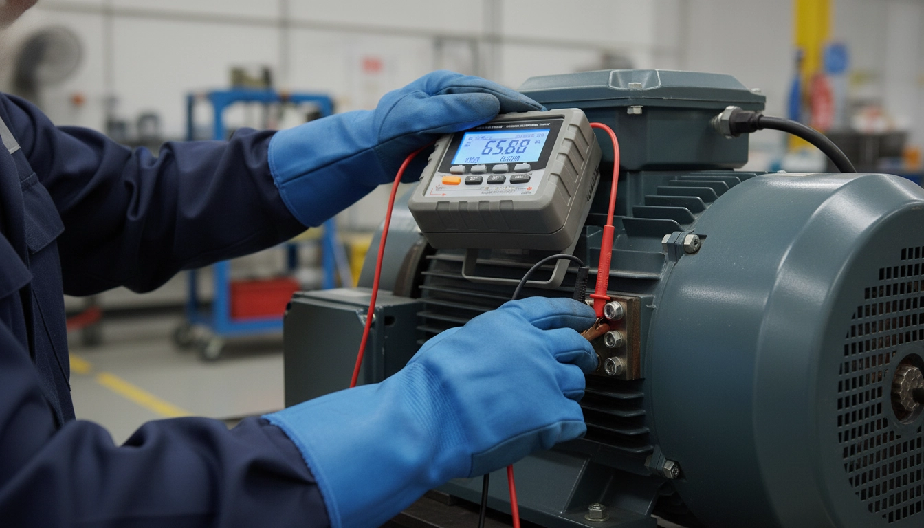 تکنسین در حال تست عایق موتور الکتریکی با میگر برای بررسی سلامت و ایمنی برق
