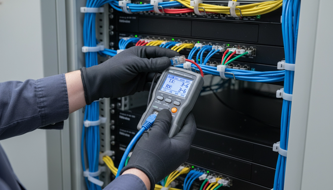 تکنسین شبکه در حال تست کابل شبکه با تستر در اتاق سرور برای اطمینان از صحت اتصال