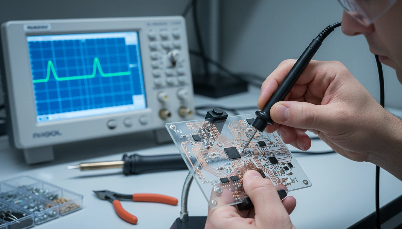 مهندس الکترونیک در حال تحلیل سیگنال با اسیلوسکوپ دیجیتال در آزمایشگاه روی برد الکترونیکی