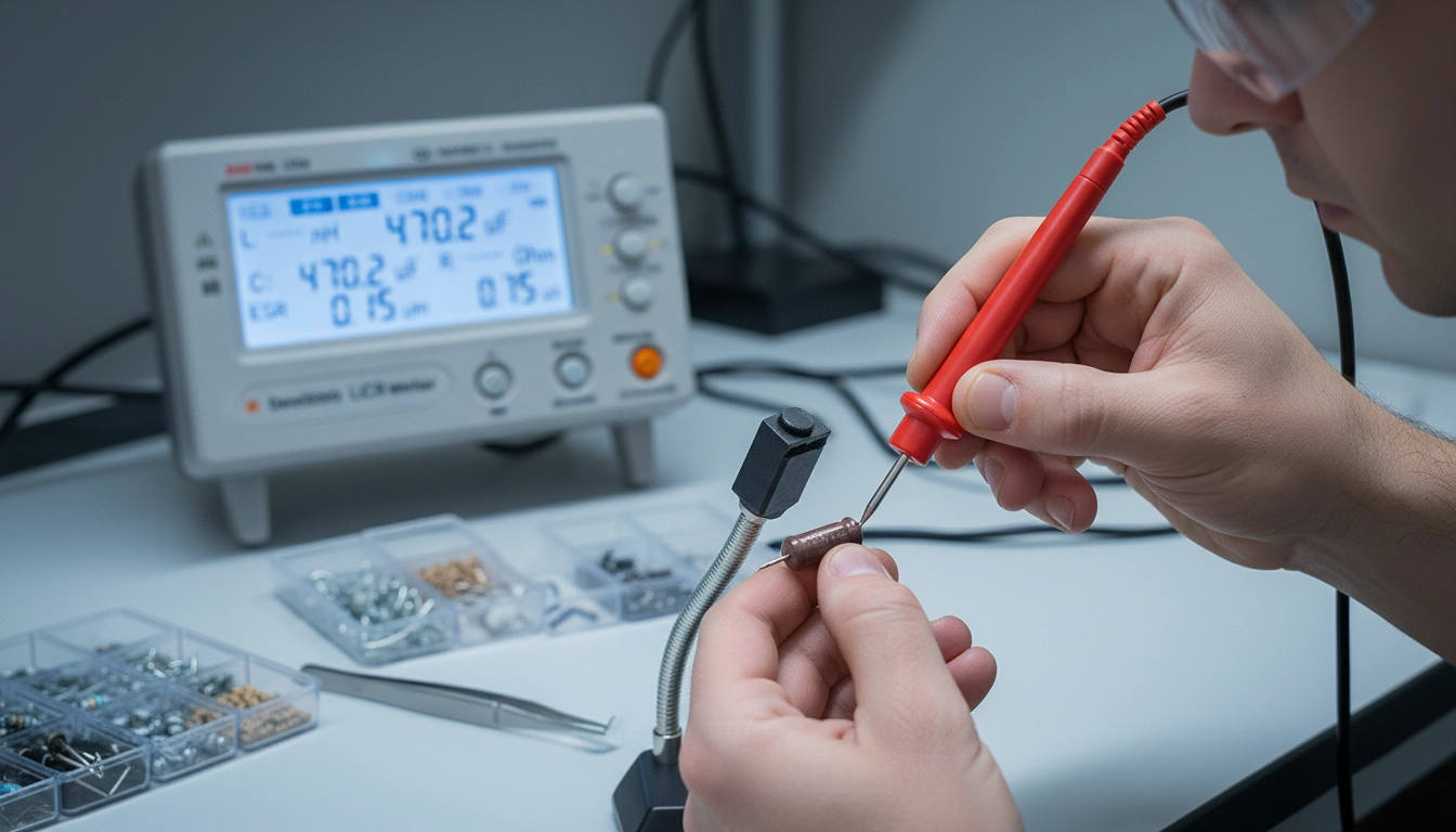 تکنسین در حال تست خازن با LCR متر دقیق برای اندازه‌گیری ظرفیت و ESR در الکترونیک
