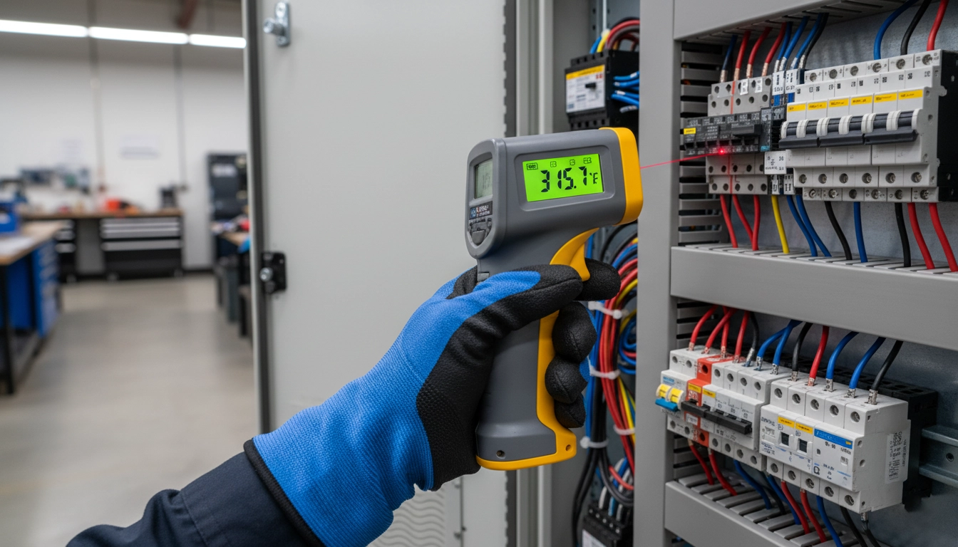 مهندس در حال اندازه&zwnj;گیری دمای اتصالات تابلو برق با یک دماسنج لیزری برای تشخیص نقاط داغ