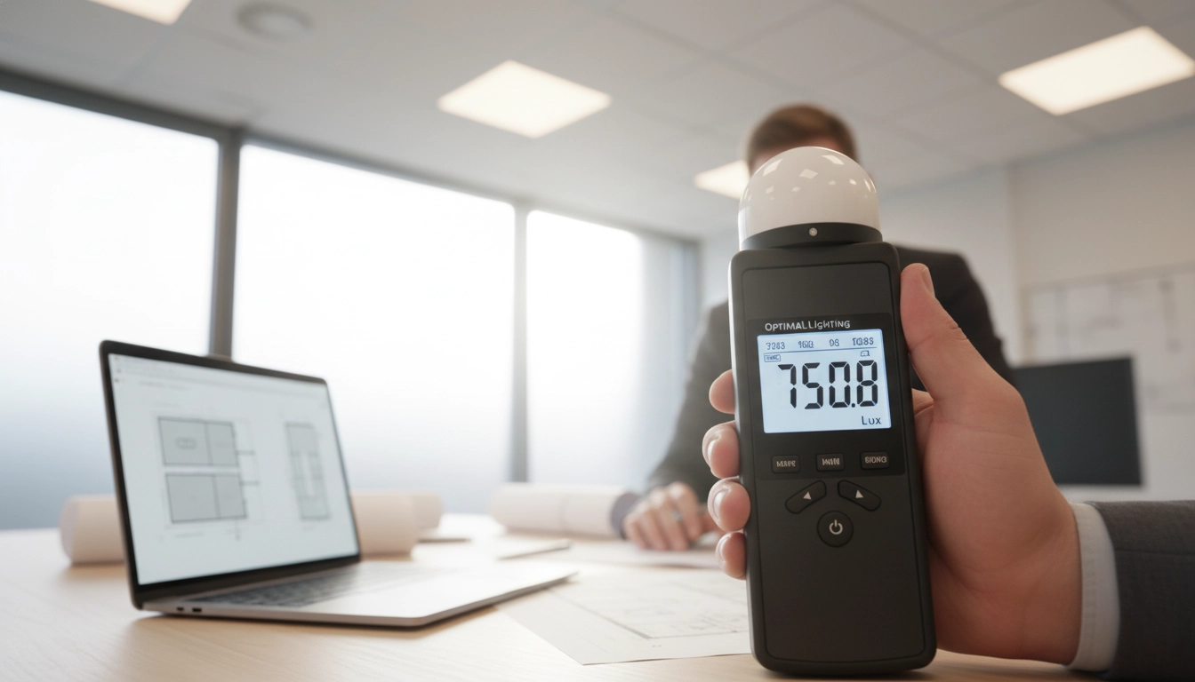 کارشناس در حال اندازه&zwnj;گیری شدت روشنایی با نورسنج (لوکس متر) در محیط اداری برای بهینه&zwnj;سازی نور