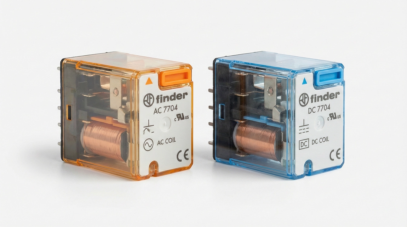 شخیص رله ۲۲۰ ولت AC (نارنجی) و ۲۴ ولت DC (آبی) برند فیندر از روی رنگ