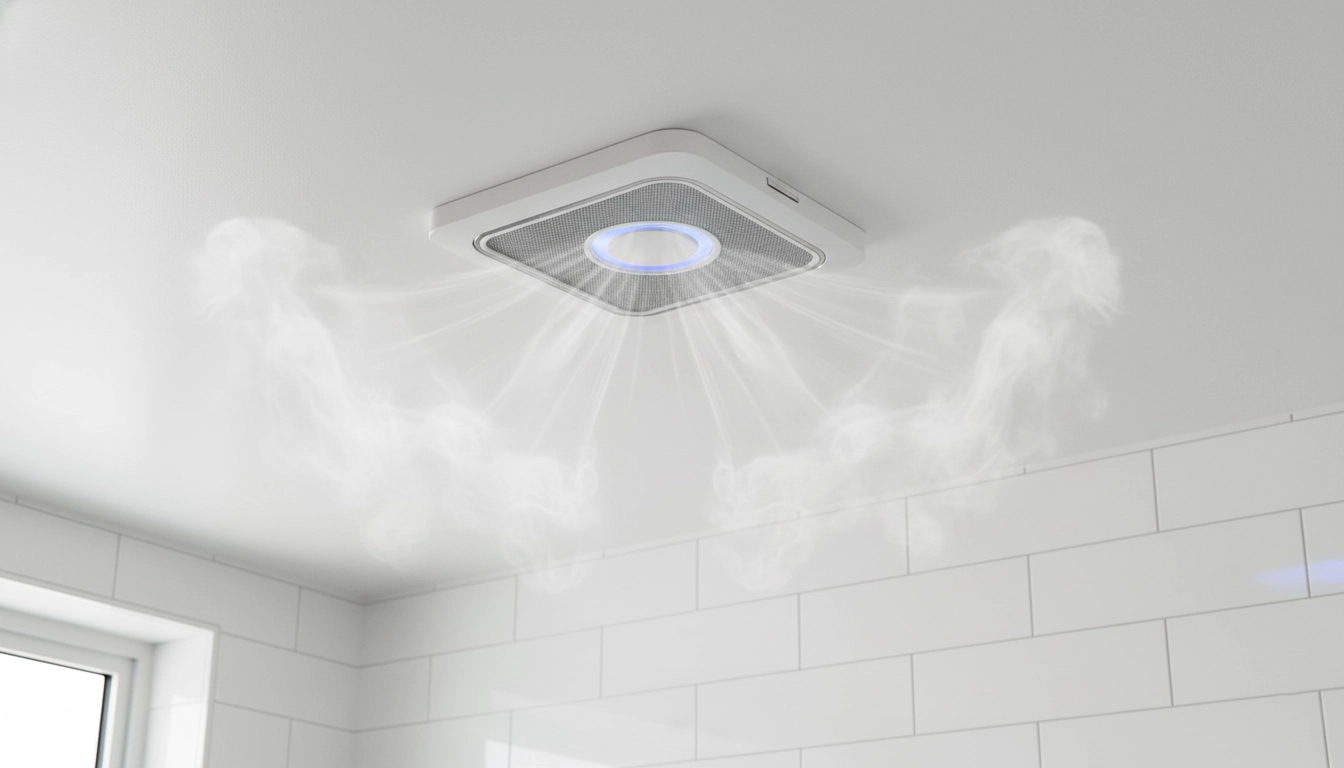 هواکش سقفی حمام مدرن در حال کار برای رفع رطوبت و بخار آب