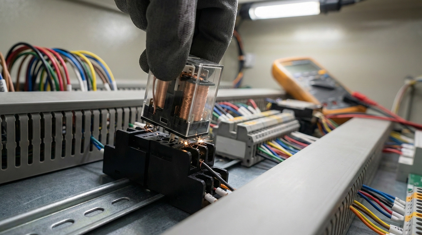 نحوه نصب رله شیشه ای کمکی روی پایه سوکت ریلی تابلو برق