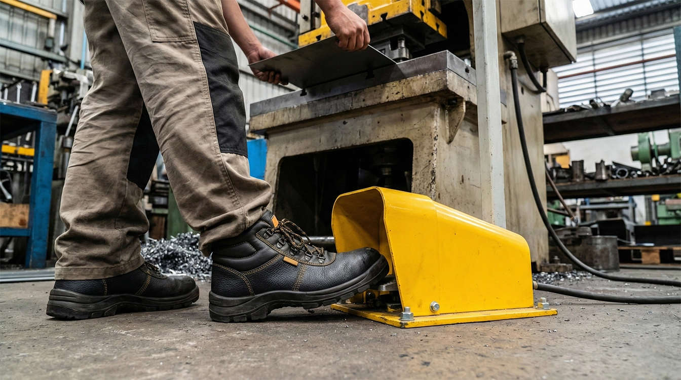 استفاده از پدال پایی صنعتی حفاظ دار با کفش ایمنی در کارگاه پرس