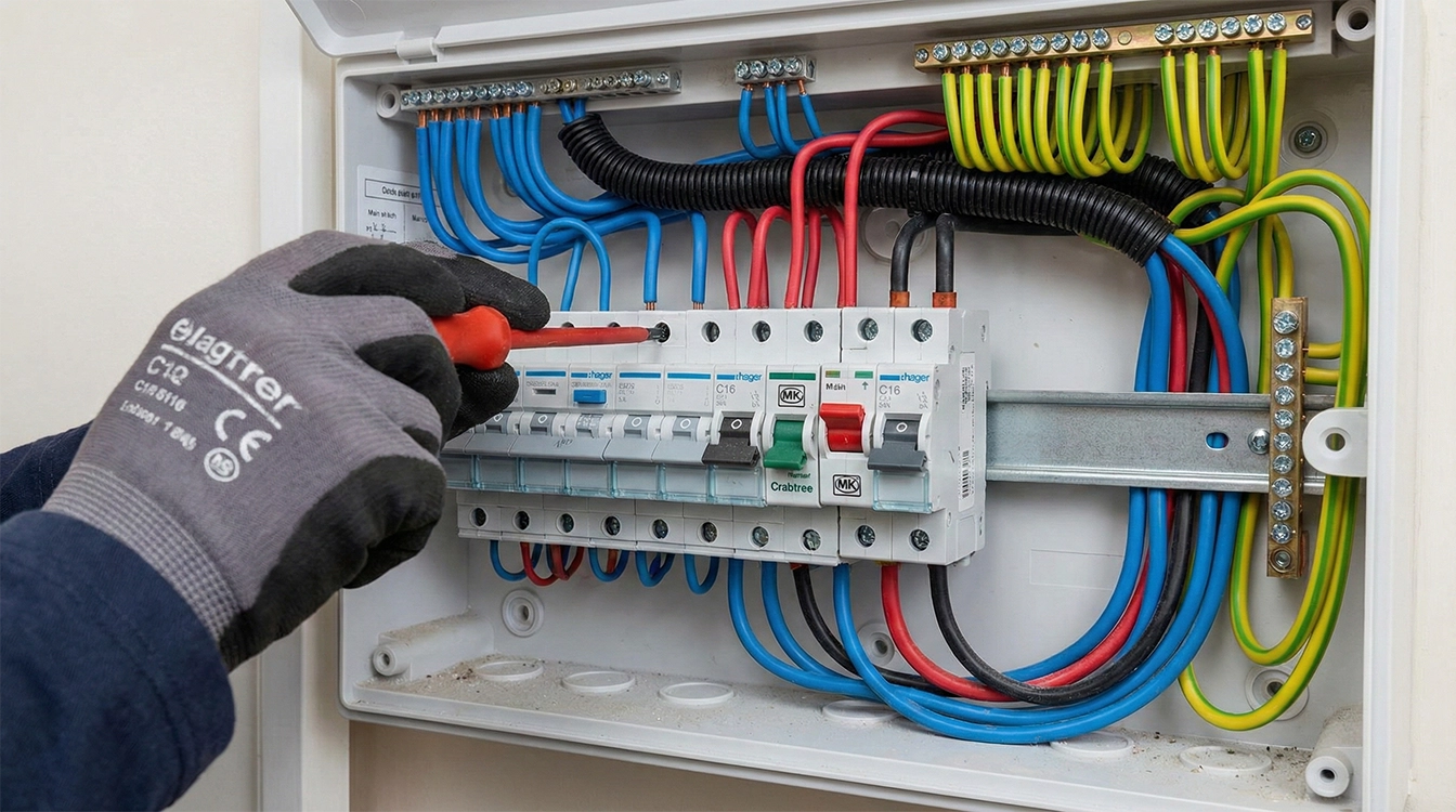 نصب کلید مینیاتوری در جعبه فیوز ساختمان و سیم بندی