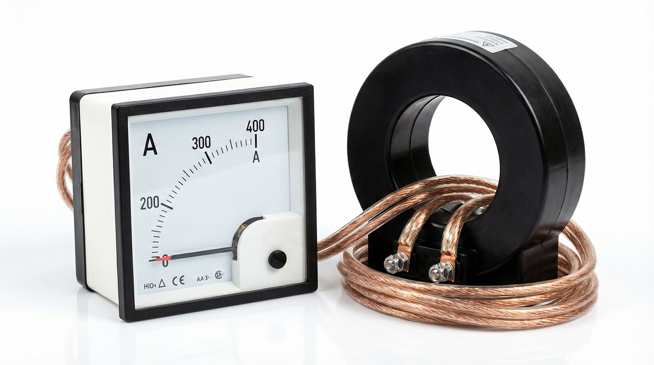 آمپرمتر عقربه&zwnj;ای تابلویی به همراه ترانس جریان (CT) جهت اندازه&zwnj;گیری جریان بالا