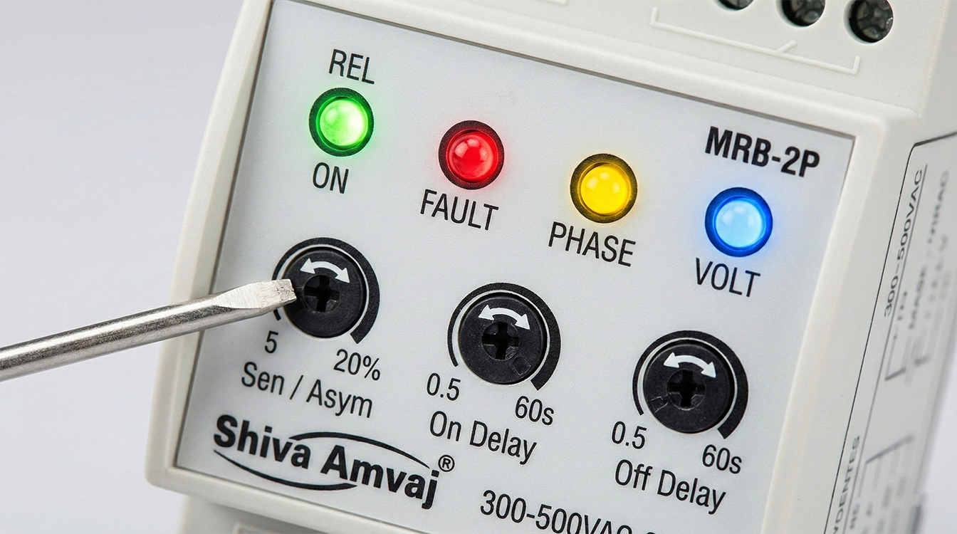 راهنمای چراغ های خطا و پیچ های تنظیم حساسیت روی رله کنترل فاز
