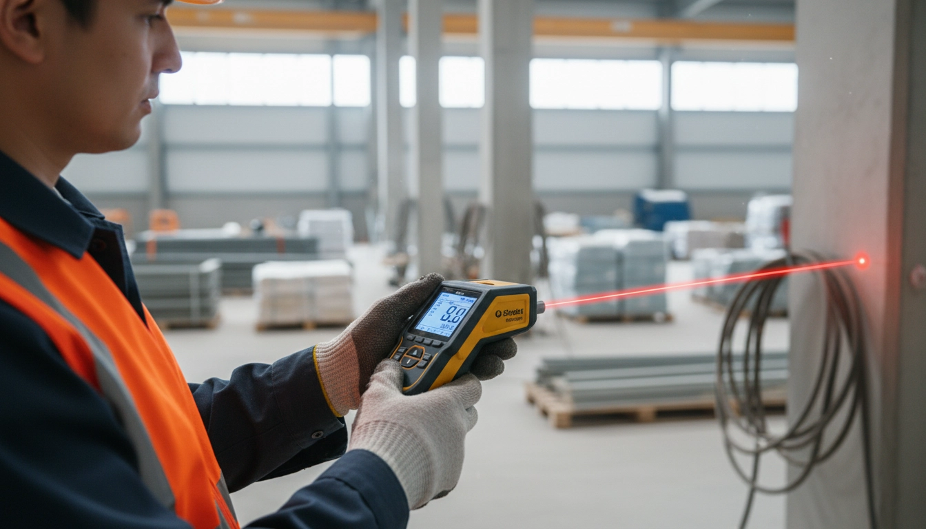 مهندس در حال اندازه‌گیری فاصله با متر لیزری در سایت ساختمانی برای نقشه‌برداری دقیق
